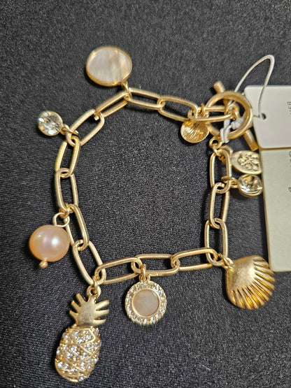 Tommy Bahama Gold Tone Charm Bracelet with Pineapple & Shells