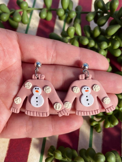Ugly pink Christmas sweater clay dangle earrings