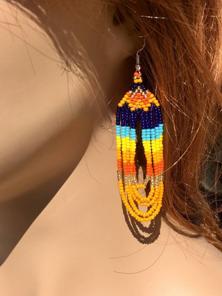 Turtle Beadwork Blue Orange Beaded Lariat Necklace Earrings Set