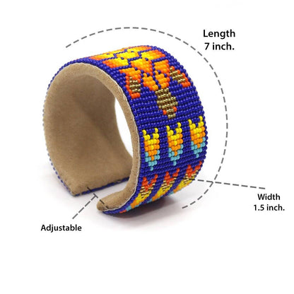 Blue Orange Turtle Seed Bead Bracelet Hard Cuff Wide Leather