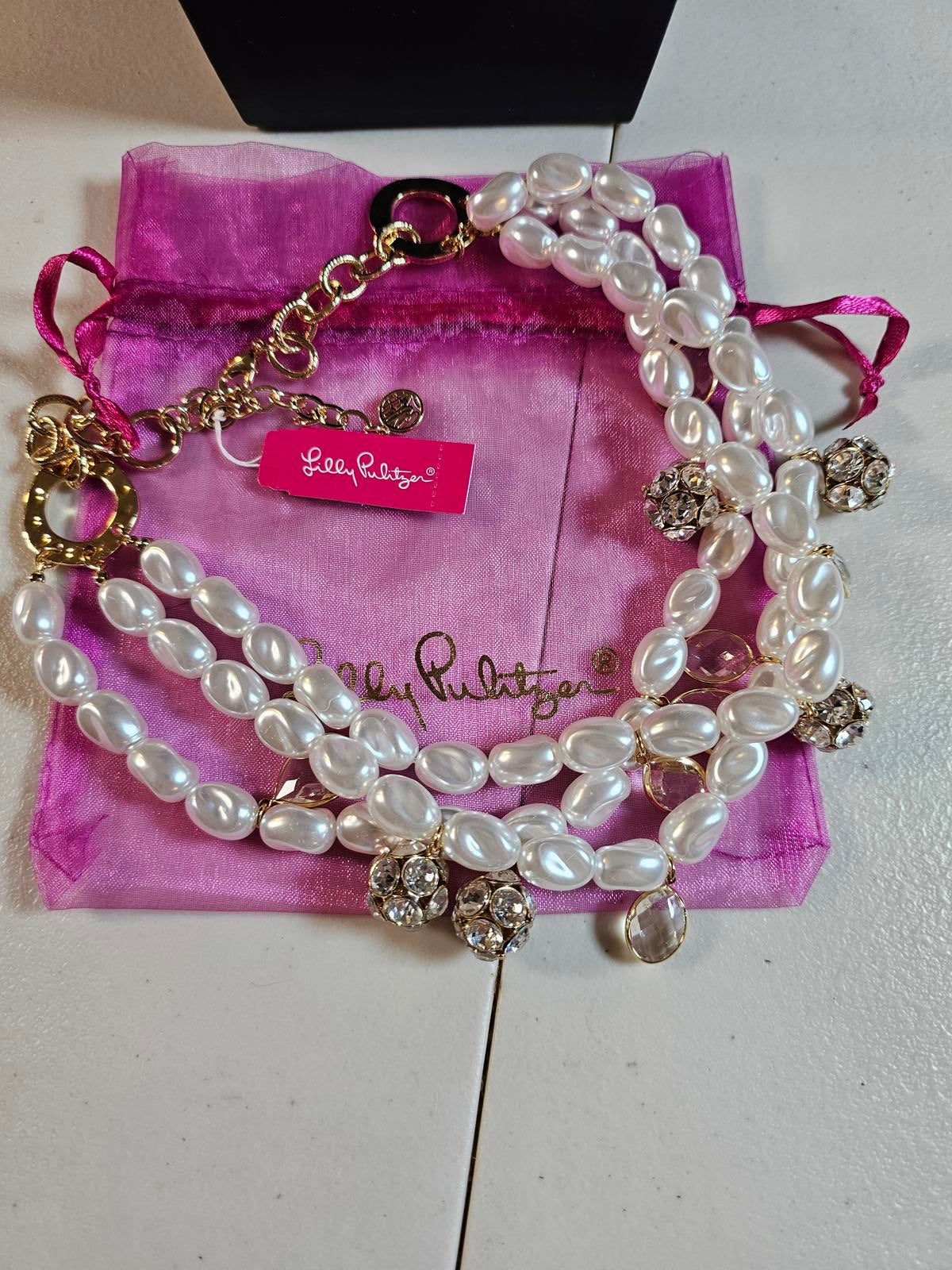 Elegant Triple Strand Faux Pearl Necklace with Crystal Accents