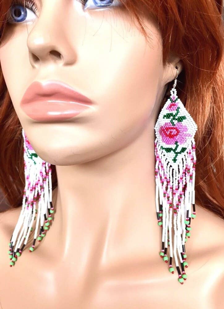 Handmade Glass Beaded White Pink Rose Design Extra Long Earrings