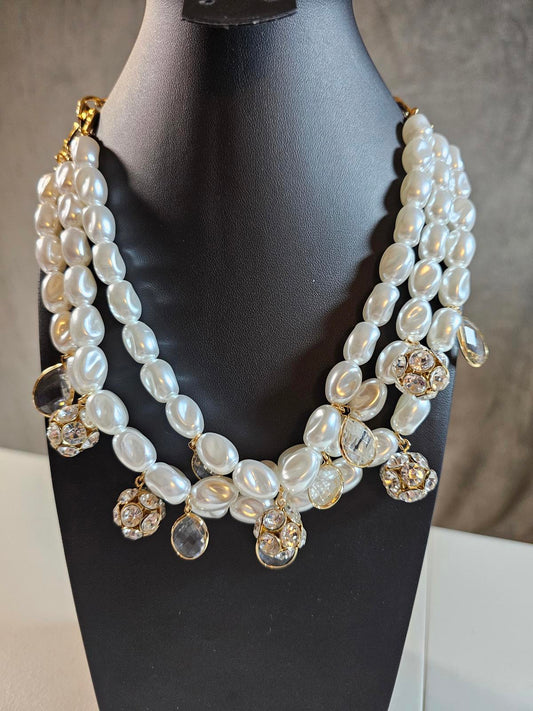Elegant Triple Strand Faux Pearl Necklace with Crystal Accents