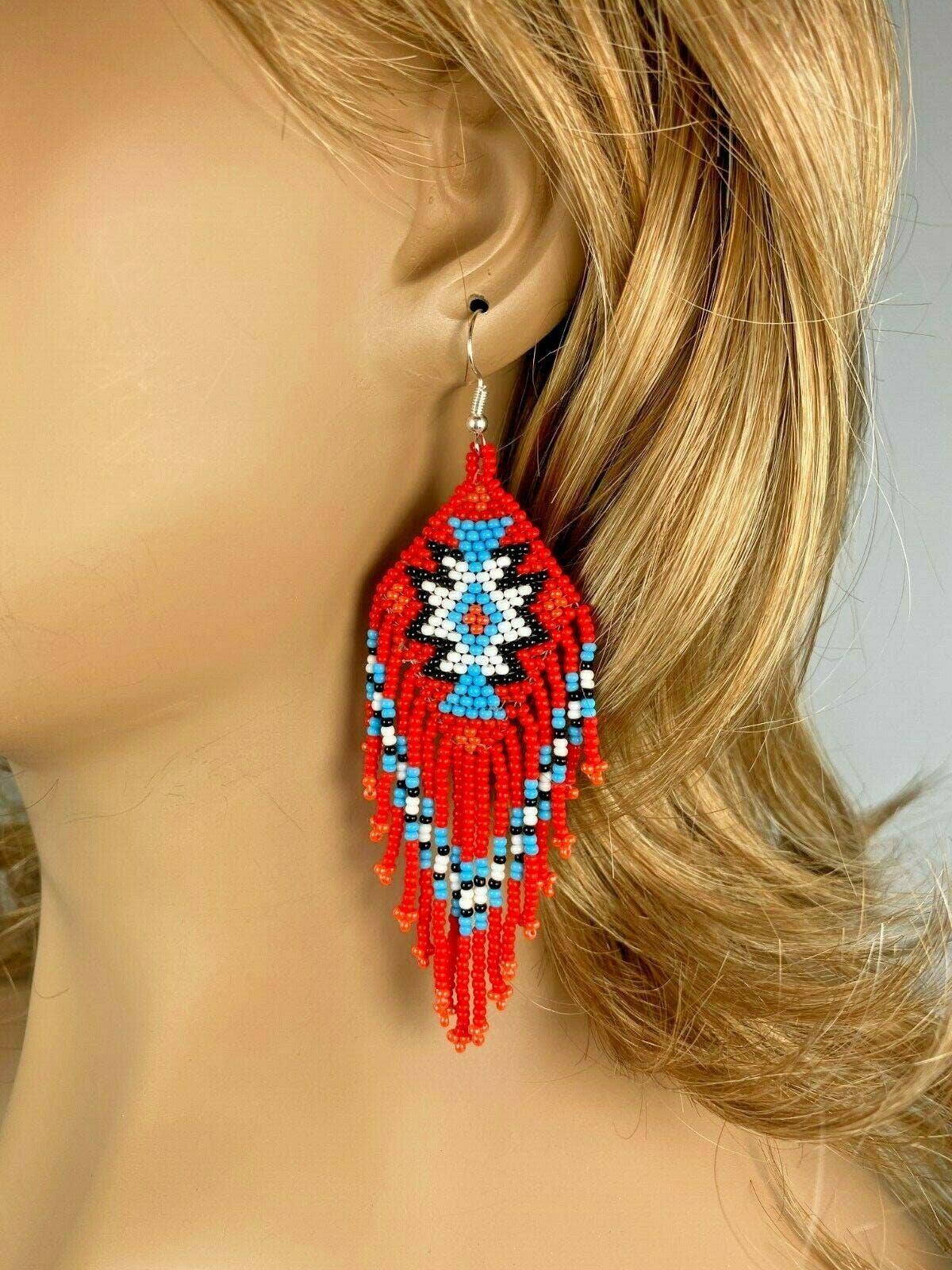 Native Style Ethnic Red White Beaded Handmade Chandelier Hoo