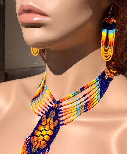 Turtle Beadwork Blue Orange Beaded Lariat Necklace Earrings Set