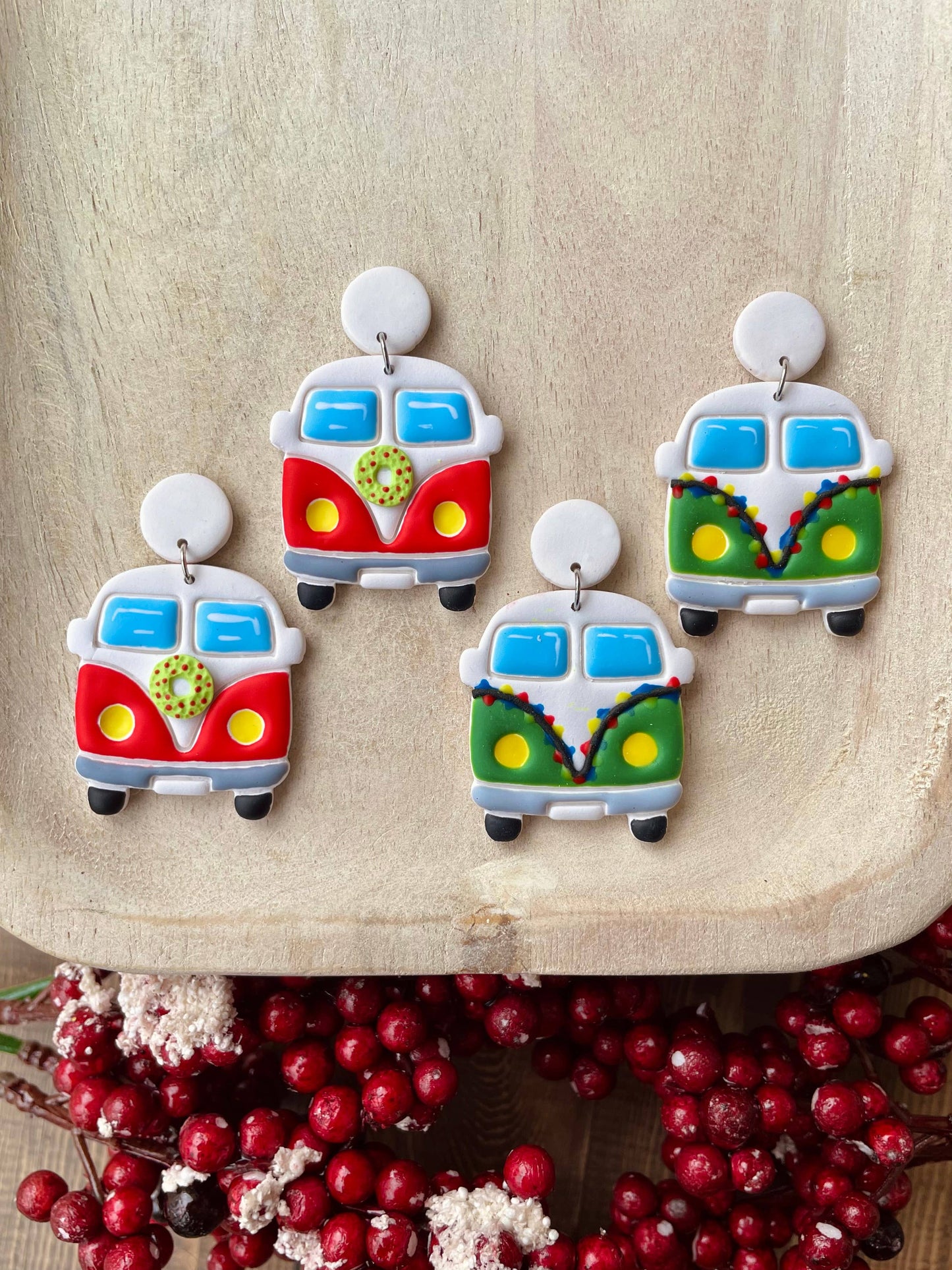 Christmas hippie van handmade polymer clay dangle earrings