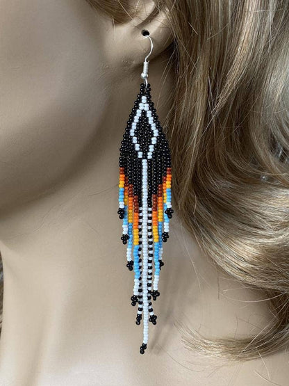 BEADS CORNER - Handmade Beaded Native Style Black Multi-Color Hook Earrings