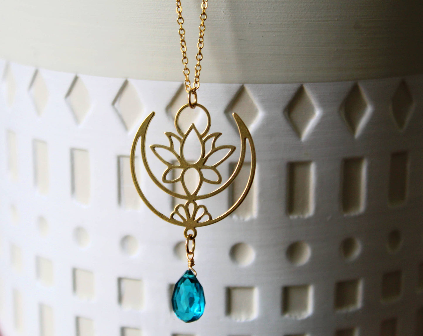 Lotus Flower Necklace, Louts Crescent Moon Necklace