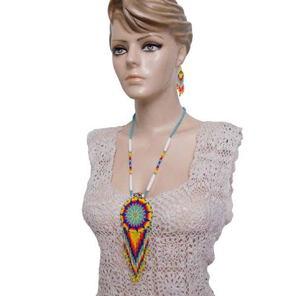 BEADS CORNER - Yellow Blue Seed Beaded Star Necklace Earrings