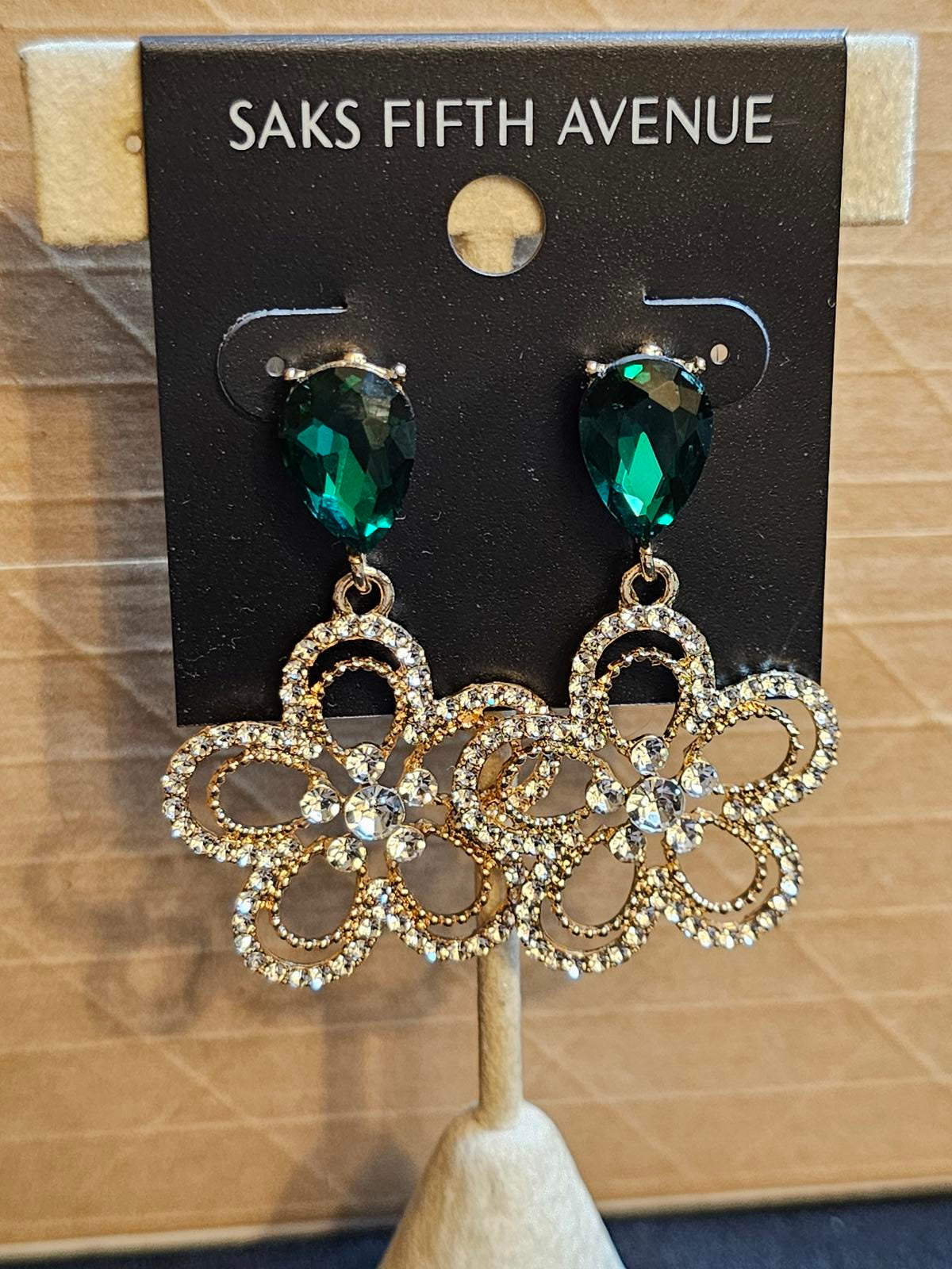 Saks Fifth Avenue Green Crystal Flower Earrings