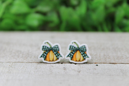 Hylidae Boutique - White Plaid Bow Pumpkin • Acrylic Stud Earrings