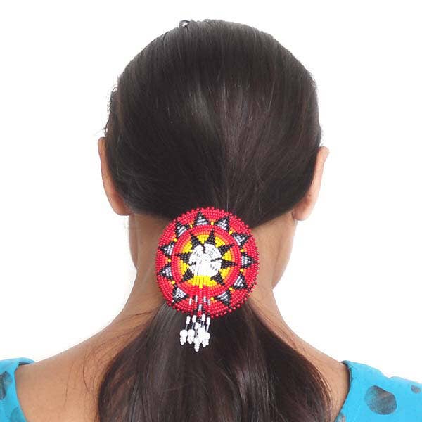 Beaded Ponytail Holder Hair Tie Red Fire Medallion Beadwork