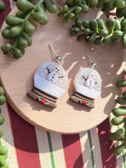 Snowman Christmas snow globe clay dangle earrings