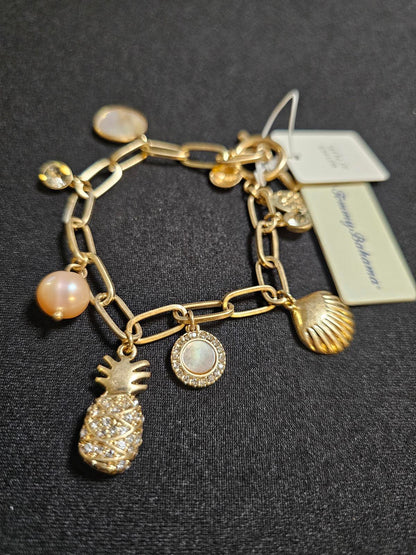 Tommy Bahama Gold Tone Charm Bracelet with Pineapple & Shells
