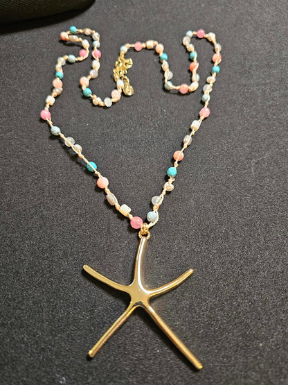 Gold Starfish Pendant Necklace with Colorful Beads