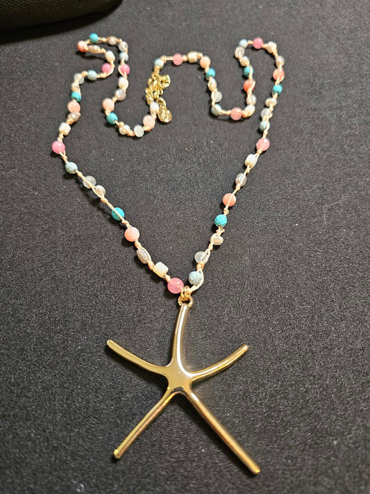 Gold Starfish Pendant Necklace with Colorful Beads