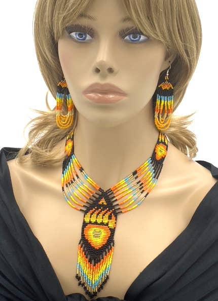 Handmade Orange Black Beaded Bear Paw Necklace Earrings Set