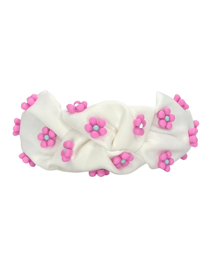 White with Pink Flowers Knot Headband