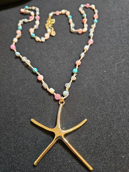 Gold Starfish Pendant Necklace with Colorful Beads