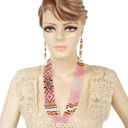 Handmade Beaded Pink Layered Necklace Earrings Set