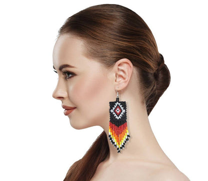 Handmade Seed Beaded Black Multicolored Big Native Style Earrings