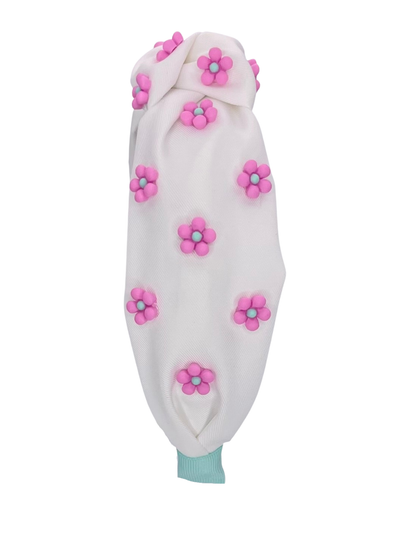 White with Pink Flowers Knot Headband