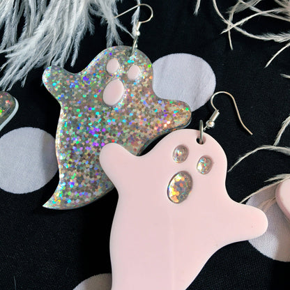 Spooky Ghost Earrings, Pink Or Iridescent Silver, Laser Cut Acrylic, Plastic Jewelry