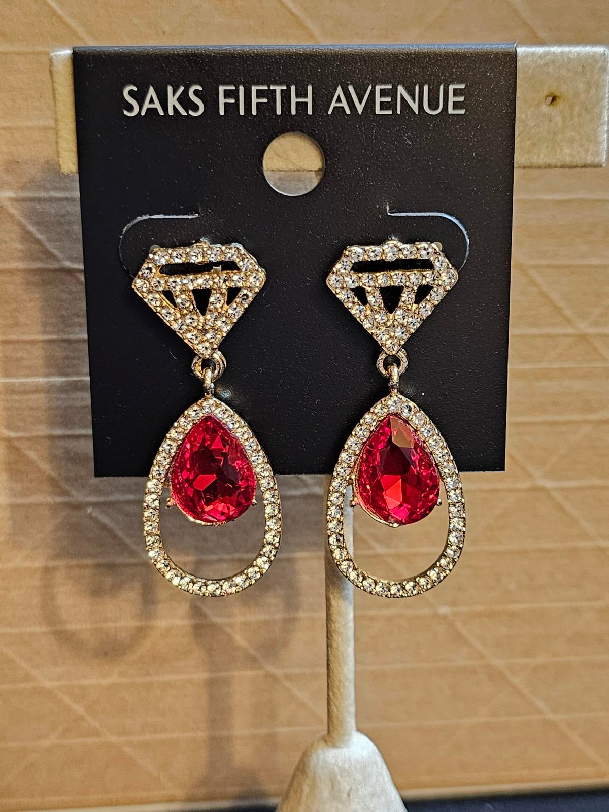 Saks Fifth Avenue Red Teardrop Earrings with Diamond Accents
