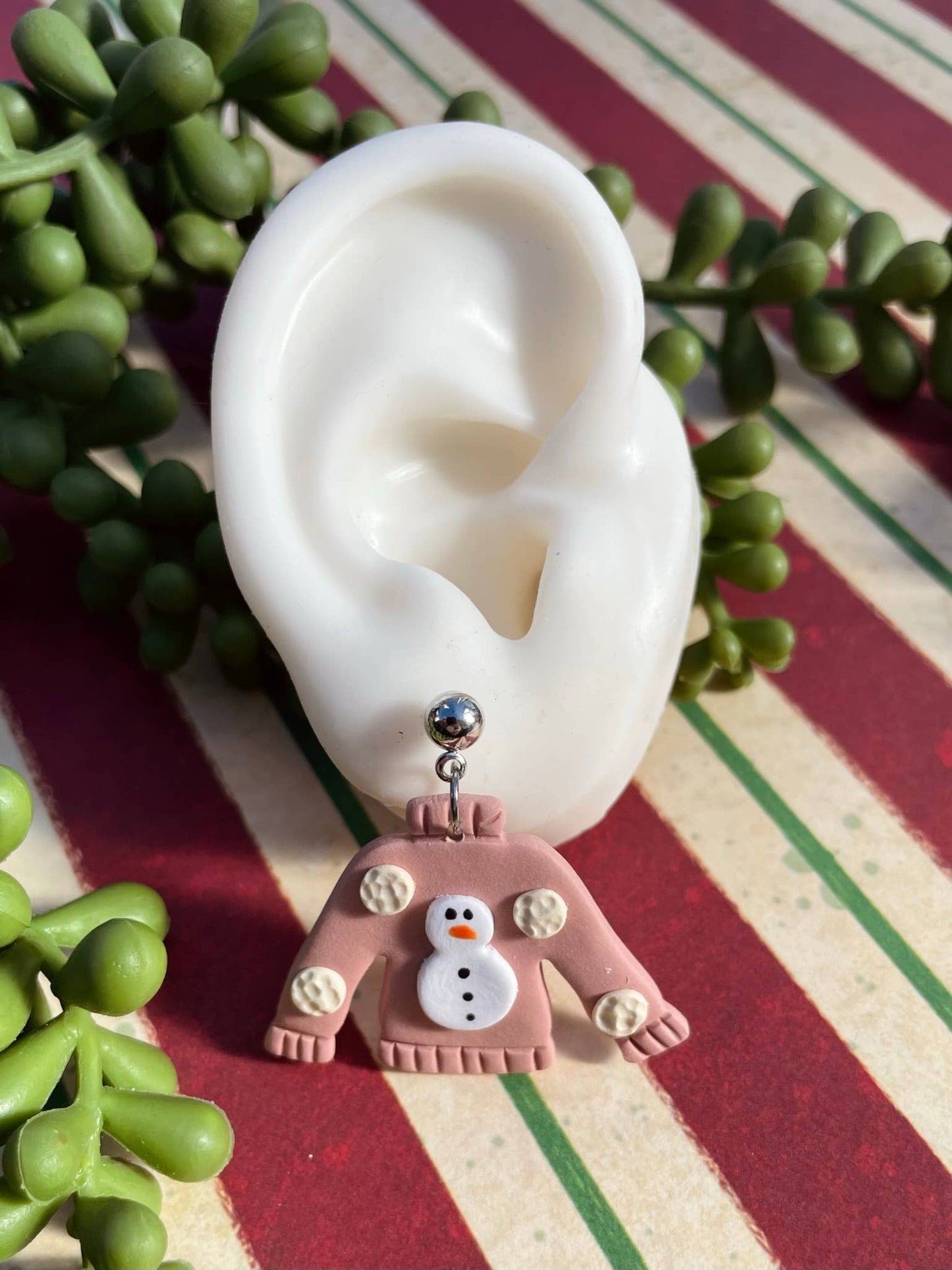 Ugly pink Christmas sweater clay dangle earrings