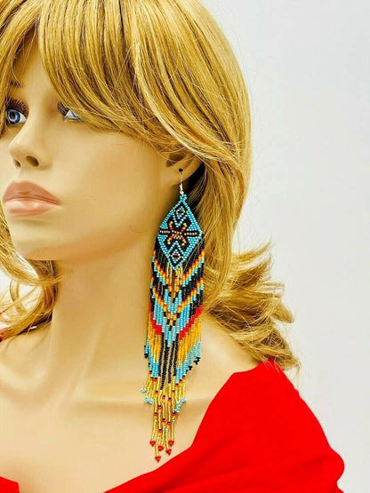 Handmade Beaded Extra Long Turquoise Blue Black Native Style