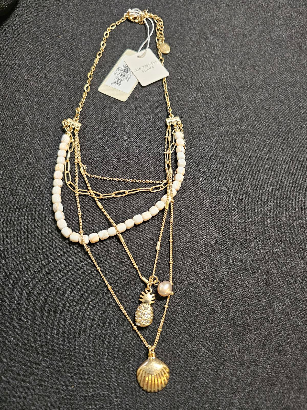 Stylish Layered Gold Necklace with Shell and Pineapple Pendants