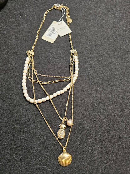 Stylish Layered Gold Necklace with Shell and Pineapple Pendants