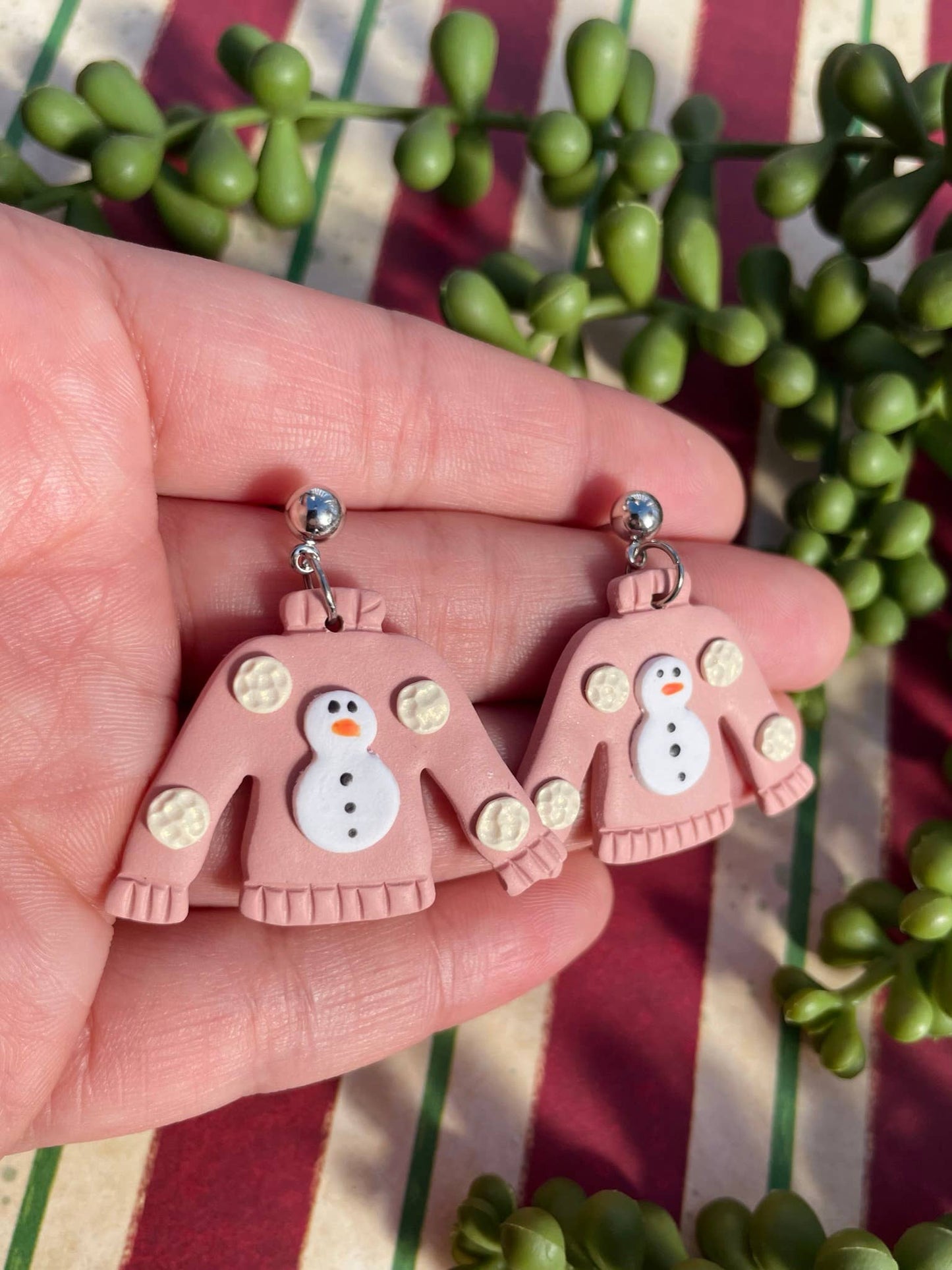 Ugly pink Christmas sweater clay dangle earrings