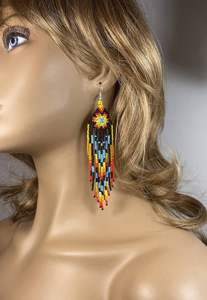 BEADS CORNER - Handmade Beaded Native Style Black Star Sun Color Hook Earrings