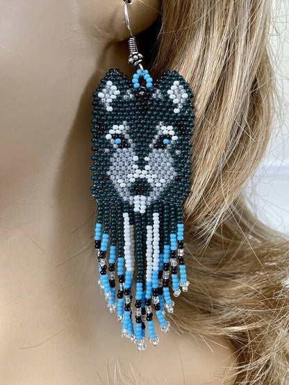 Handmade Beaded Green Blue Wolf Hook Earrings