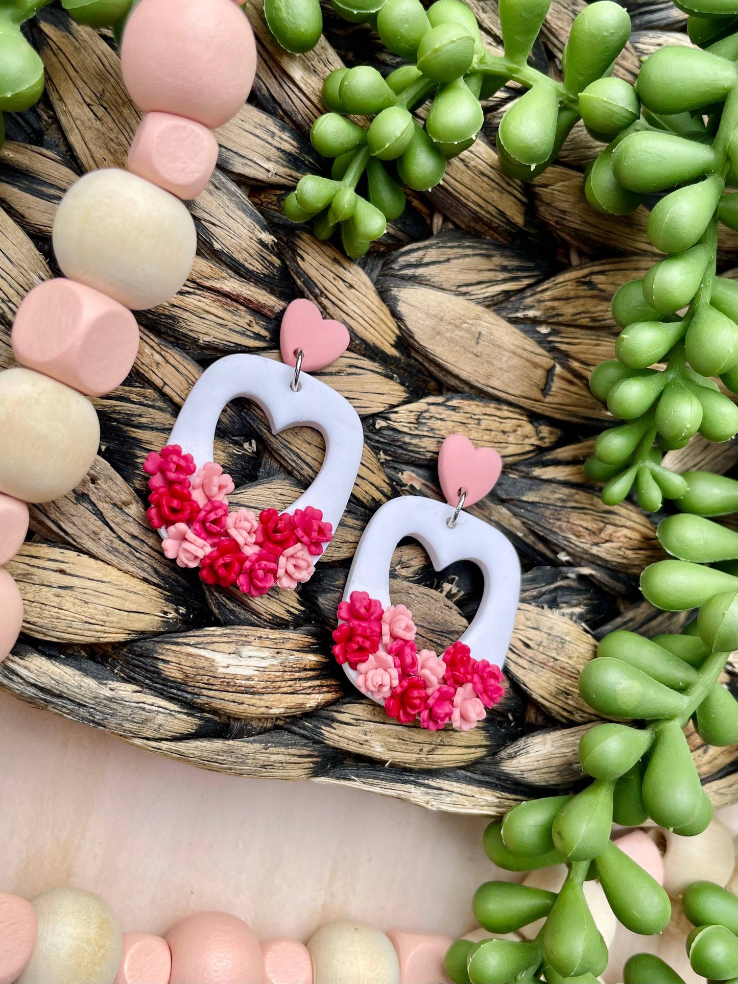 Floral Heart Valentines Day clay dangle earrings