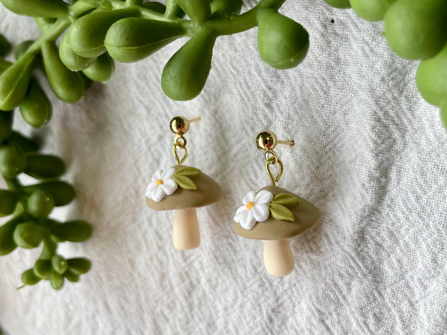 Floral mushroom clay dangle earrings