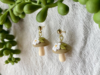 Floral mushroom clay dangle earrings