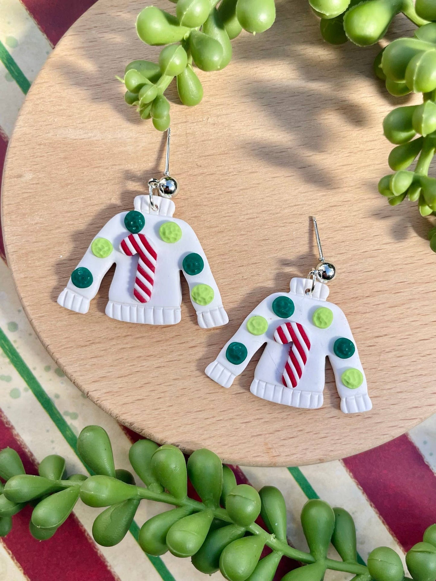 Ugly white Christmas sweater clay dangle earrings