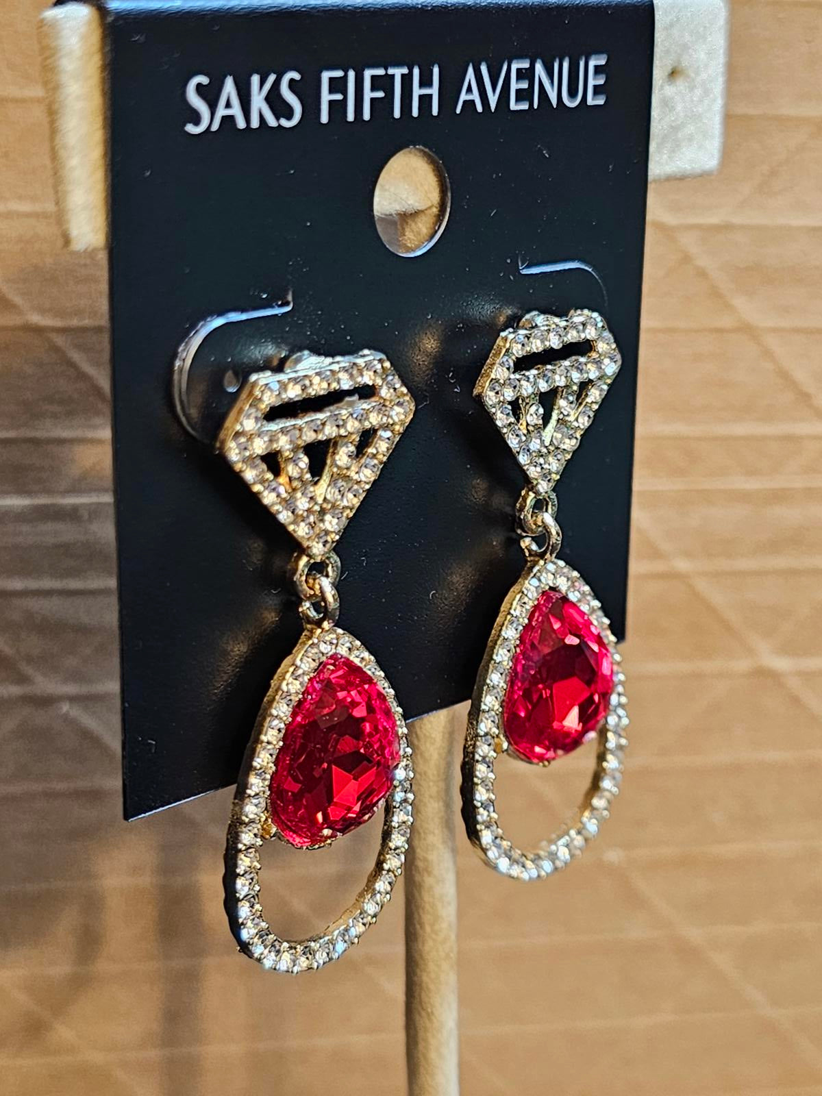 Saks Fifth Avenue Red Teardrop Earrings with Diamond Accents