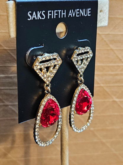 Saks Fifth Avenue Red Teardrop Earrings with Diamond Accents