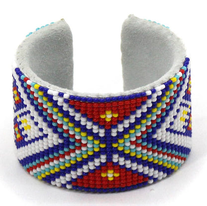 White Red Blue Geometric pattern handmade beaded cuff