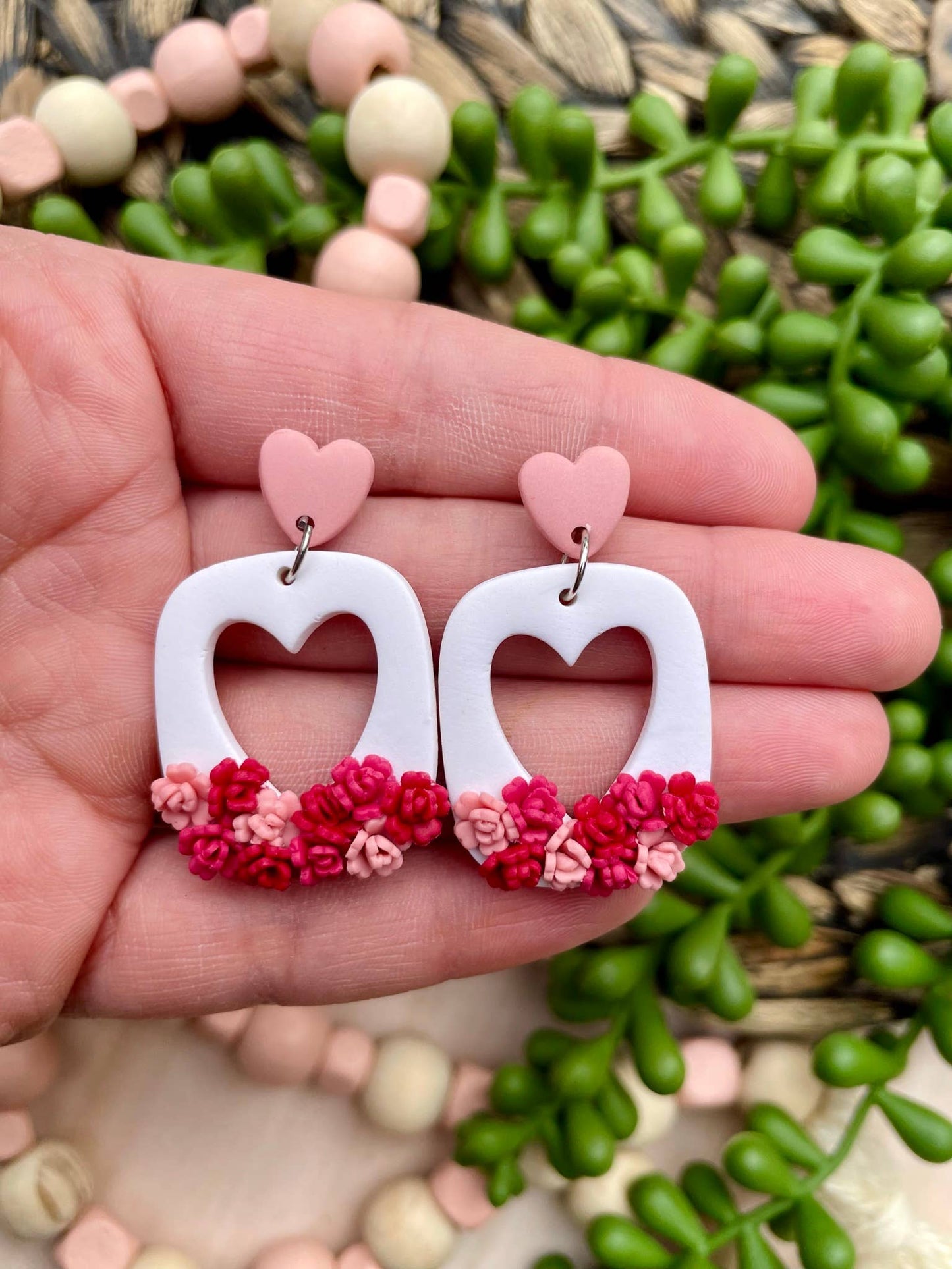 Floral Heart Valentines Day clay dangle earrings