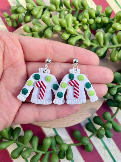 Ugly white Christmas sweater clay dangle earrings