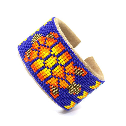 Blue Orange Turtle Seed Bead Bracelet Hard Cuff Wide Leather