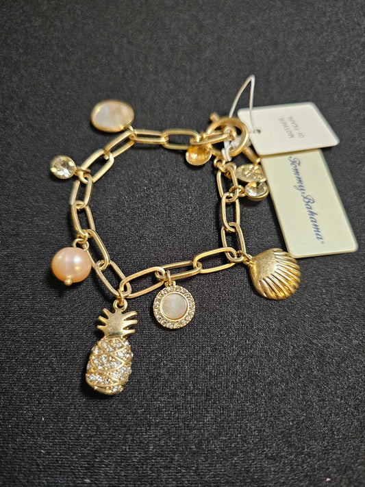 Tommy Bahama Gold Tone Charm Bracelet with Pineapple & Shells