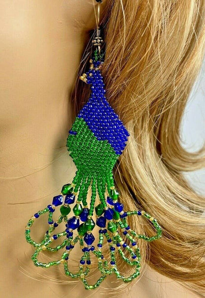 Handmade Blue Green Beaded Native Style Peacock Hook Earrings