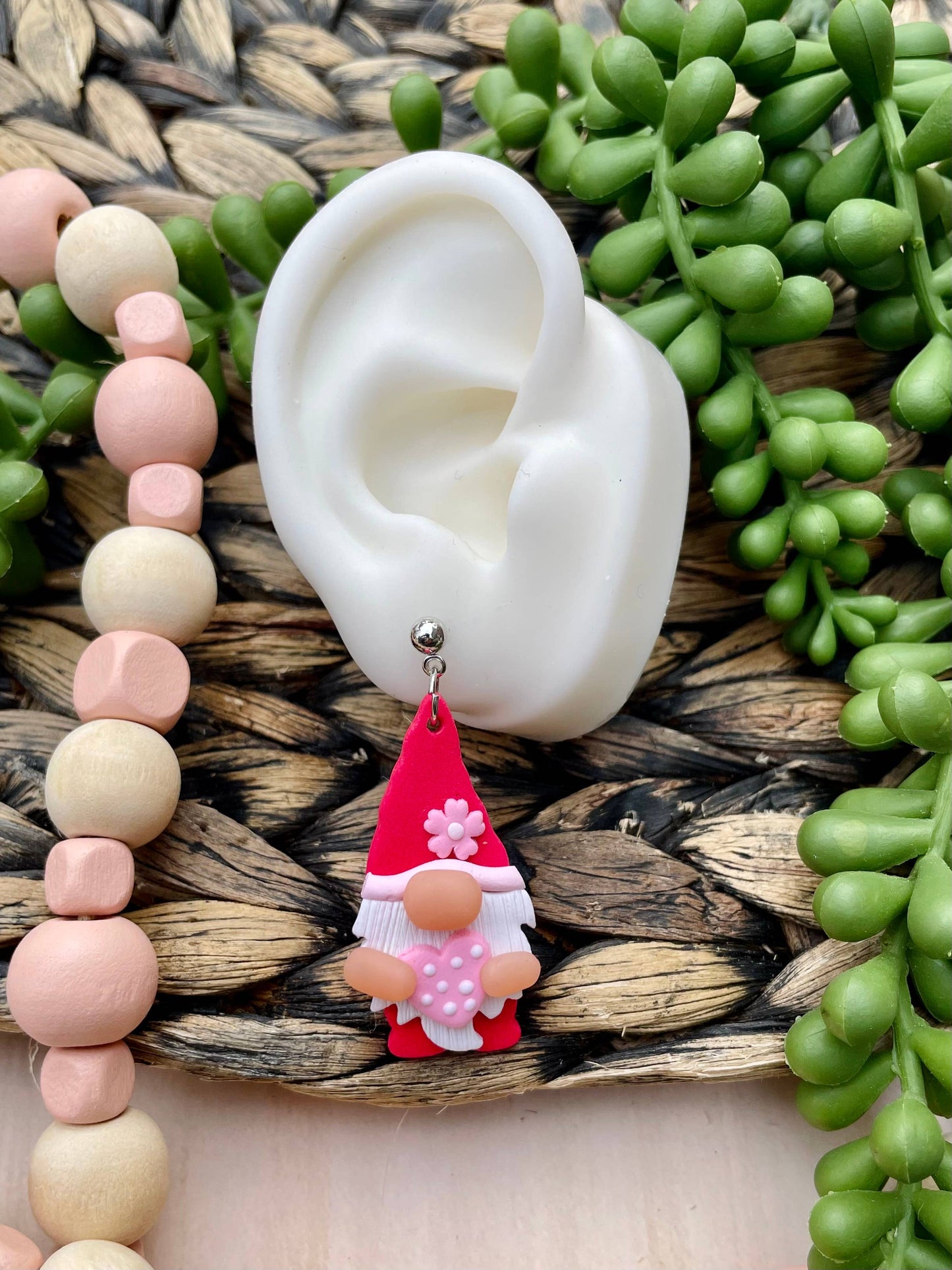 Valentines Day gnome clay dangle earrings