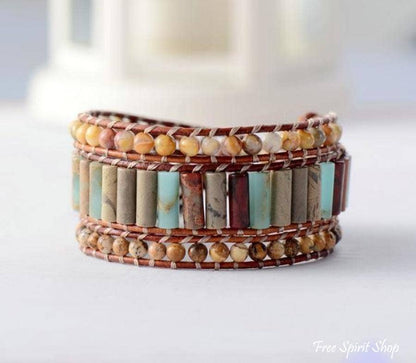 Natural Jasper Leather Wrap Sunflower Bracelet