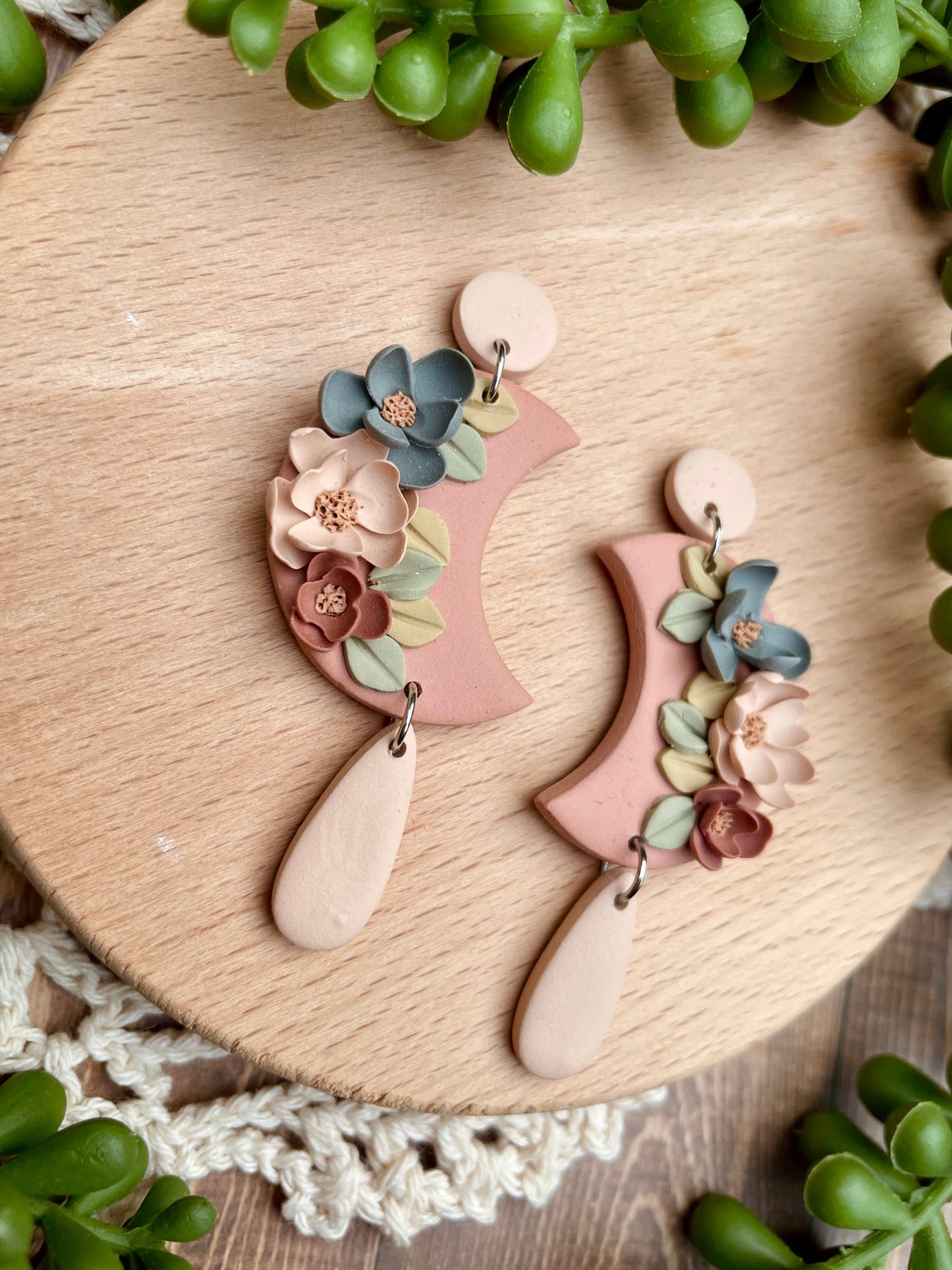 Boho Dusty Floral Moon Clay Dangle Earrings